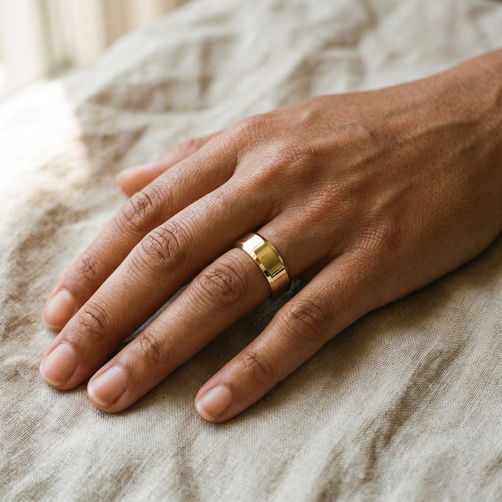A wide solid gold wedding band worn on a hand, showing how width sits across the finger