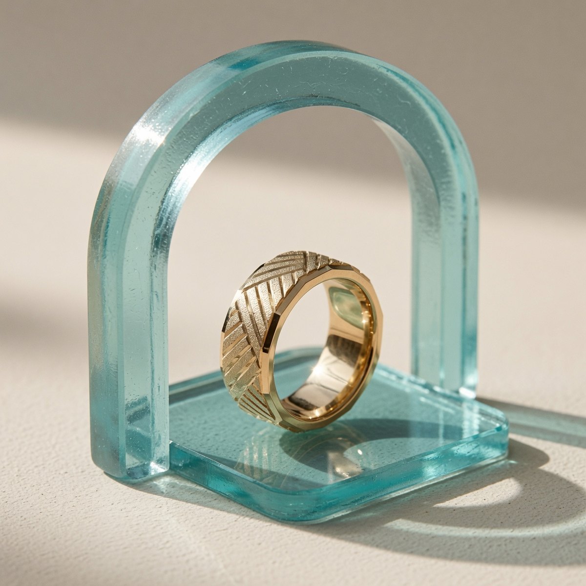 The Lattice: a woven basket-weave solid gold wedding band, photographed against summer glass