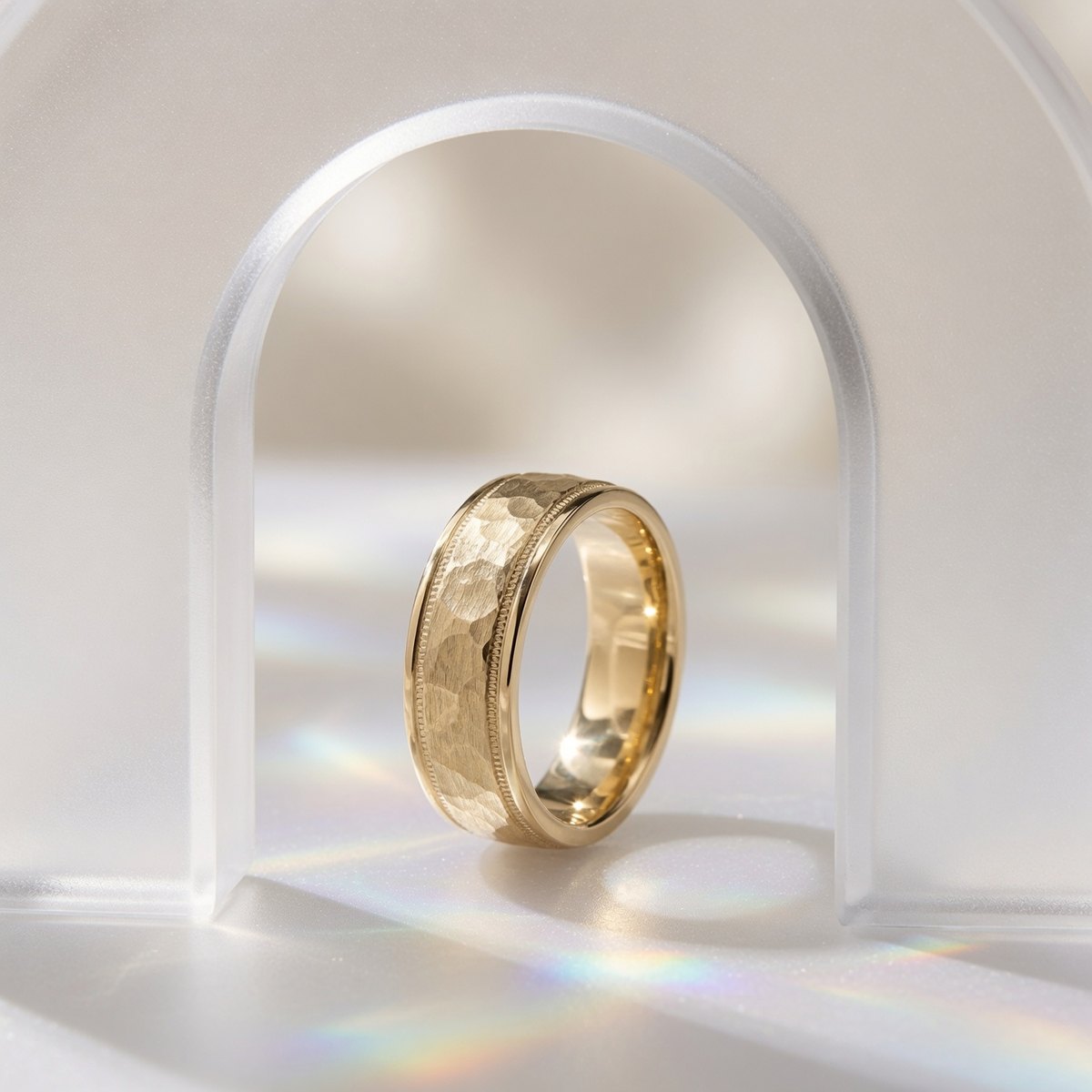 The Tide: a hand-hammered milgrain solid gold wedding band, photographed with pearls and water light