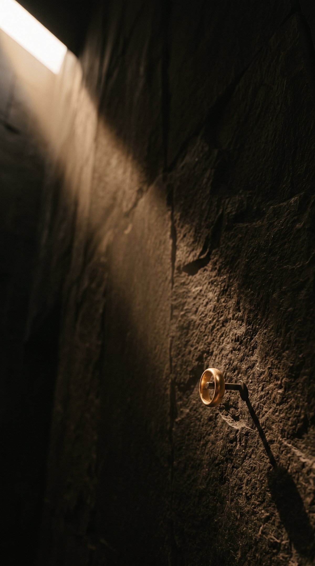 A solid gold men's wedding band on a lit stone wall