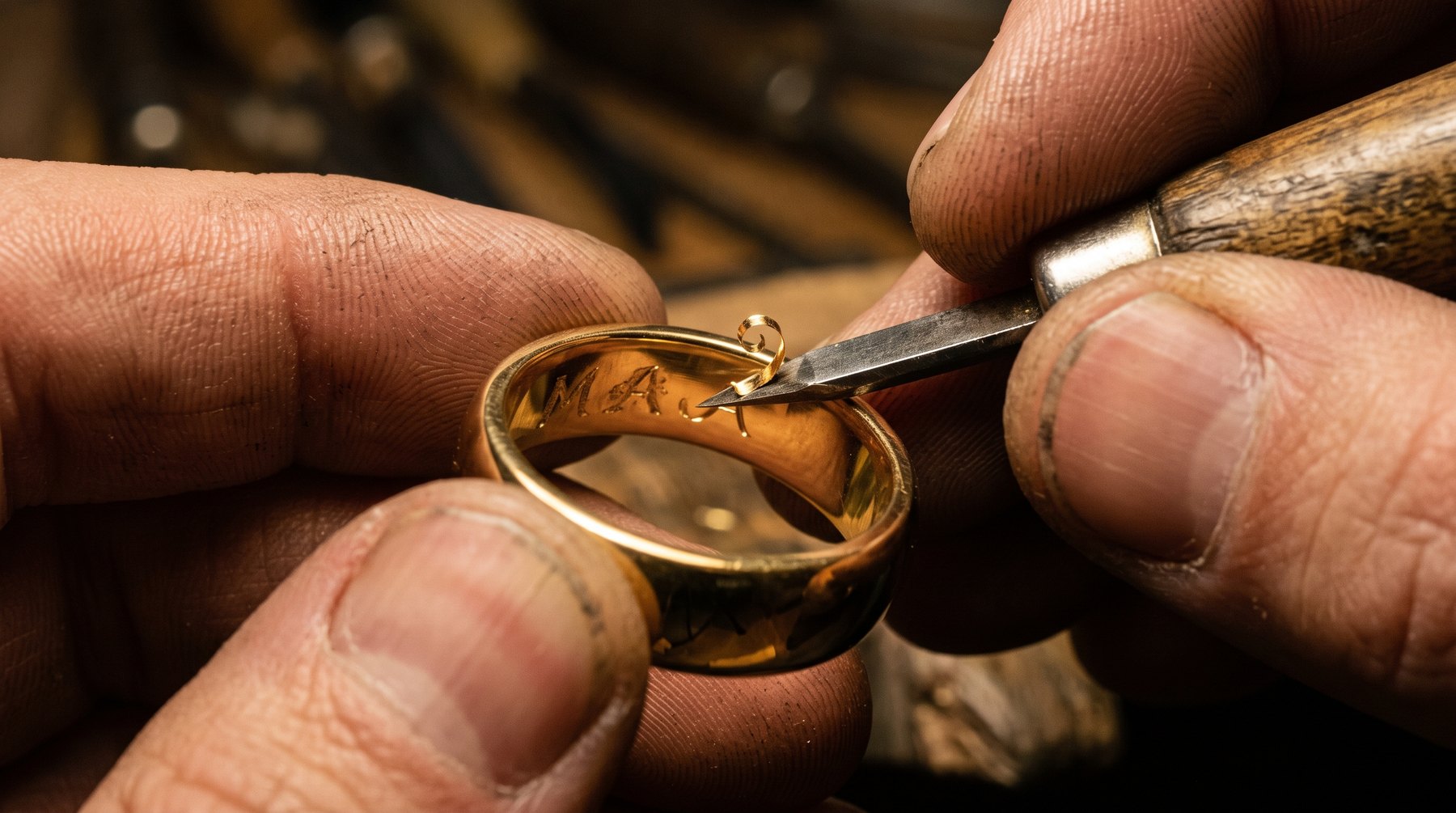 A jeweller hand-engraving the inside of a solid gold wedding band