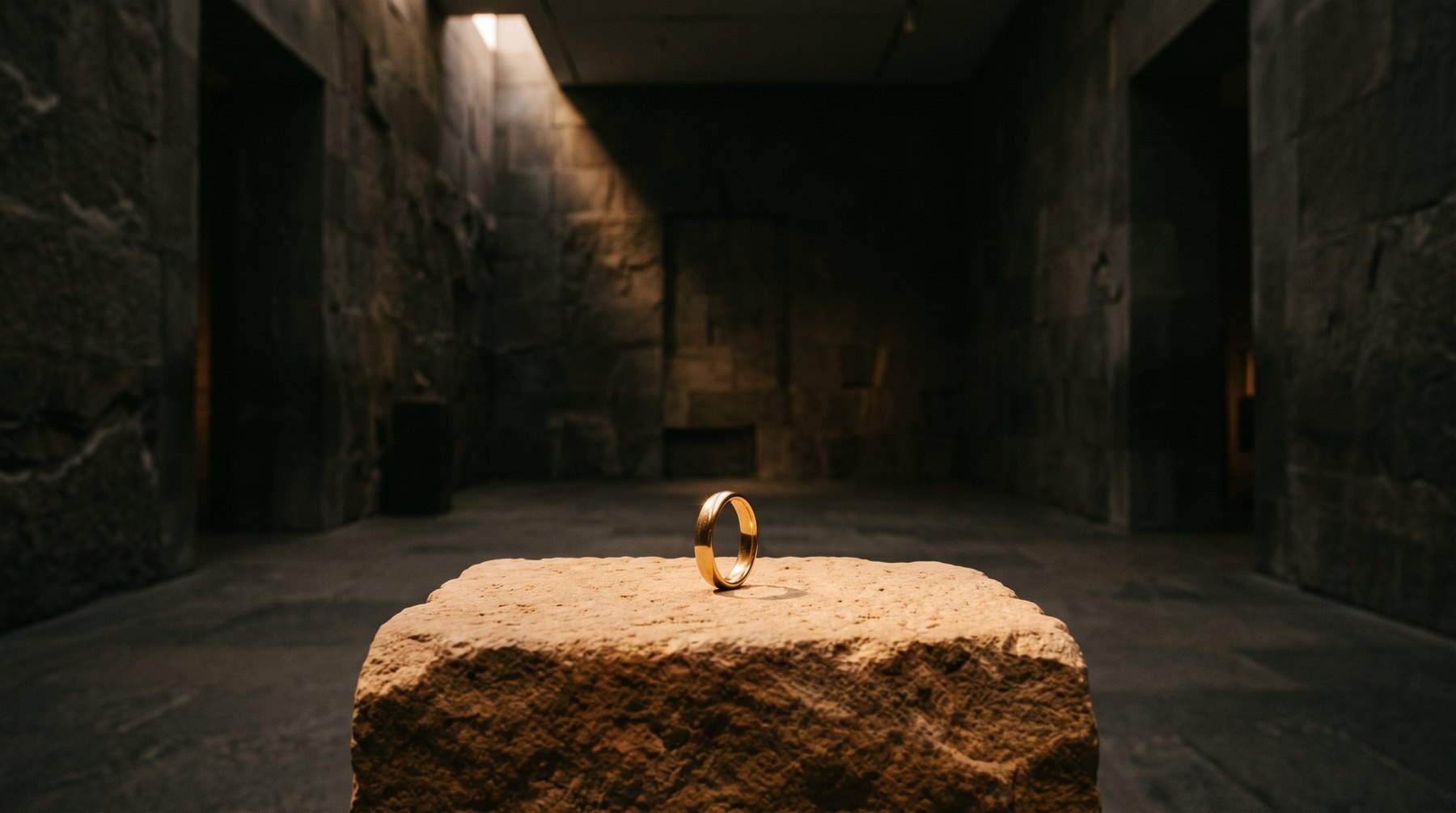 A polished solid gold band on a sandstone plinth in a dark gallery